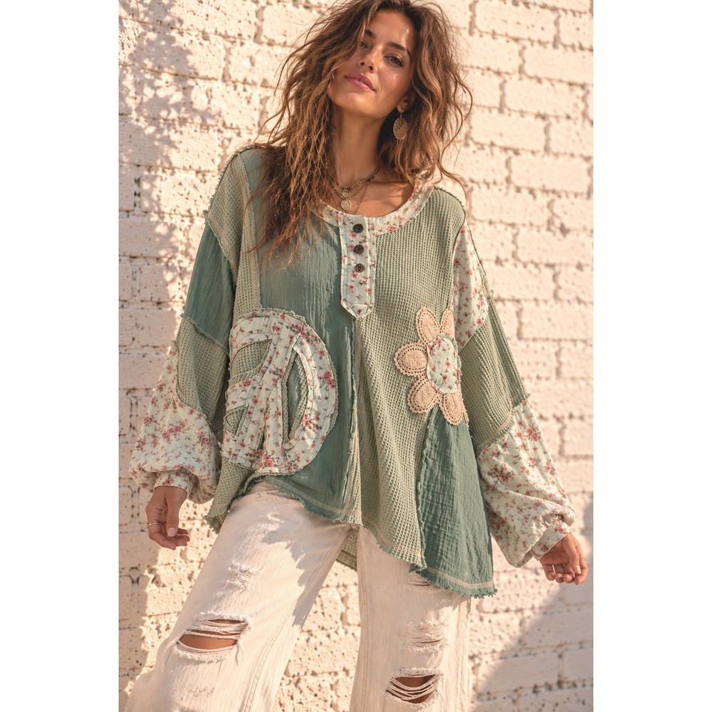 POL Green Cotton Blend Patchwork Henley Peace Sign Boho Top S